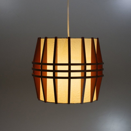 Image 1 of Vintage skandinavische Kokon Pendelleuchte aus Holz und Rhodoïd, 1960