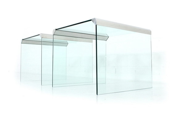 Image 1 of Gallotti & Radice T35 R Coffee Table Set, Satztische, Italien 1975, Edelstahl + Kristallglas