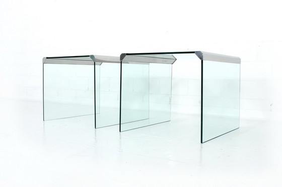 Image 1 of Gallotti & Radice T35 R Coffee Table Set, Satztische, Italien 1975, Edelstahl + Kristallglas