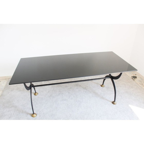 Image 1 of Vintage Tisch aus Schmiedeeisen mit schwarz lackiertem Glas, Italien 1970