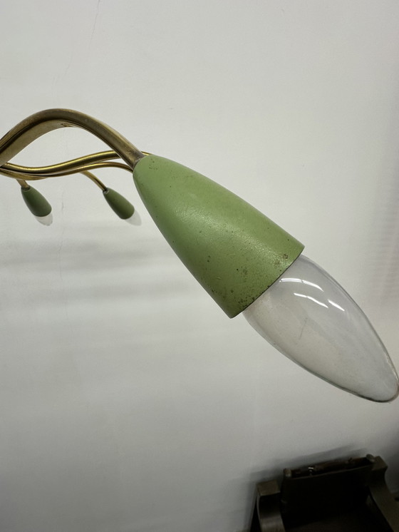 Image 1 of 1950er Jahre Deckenlampe Spinne Kupfer mit grünen Schirmen