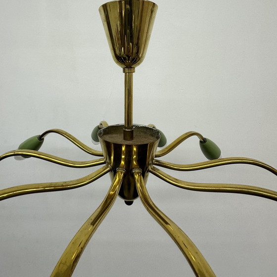 Image 1 of 1950er Jahre Deckenlampe Spinne Kupfer mit grünen Schirmen