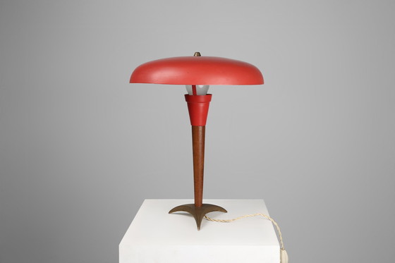 Image 1 of Rote Mid Century Schreibtischlampe aus Metall, Messing und Teakholz, Frankreich, 1950er Jahre