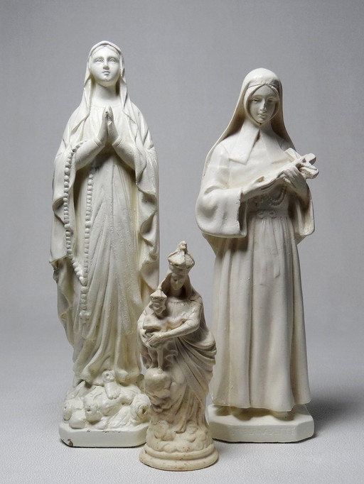 Trio Von Religiösen Statuetten Vintage/Antike Gips Monochrom