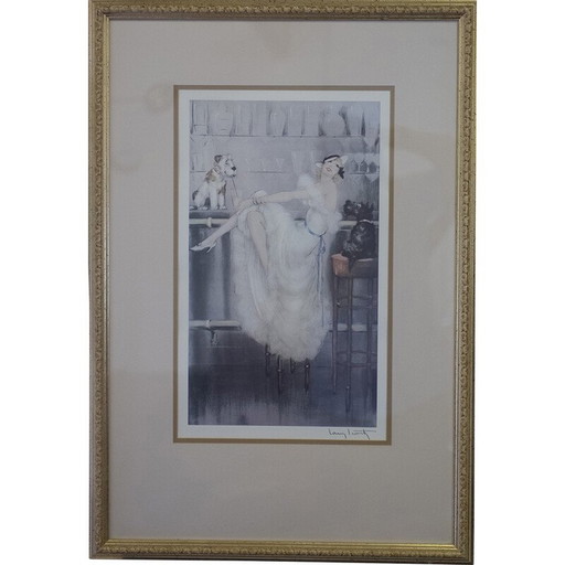 Vintage-Druck einer Dame mit zwei Terriern von Louis Icart