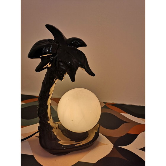 Image 1 of Schwarze Palmenlampe aus Keramik mit Opalglaskugel, 1970