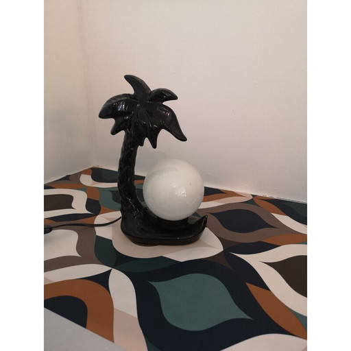 Schwarze Palmenlampe aus Keramik mit Opalglaskugel, 1970