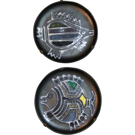 Paar alte Keramikteller von René Neveu, Frankreich