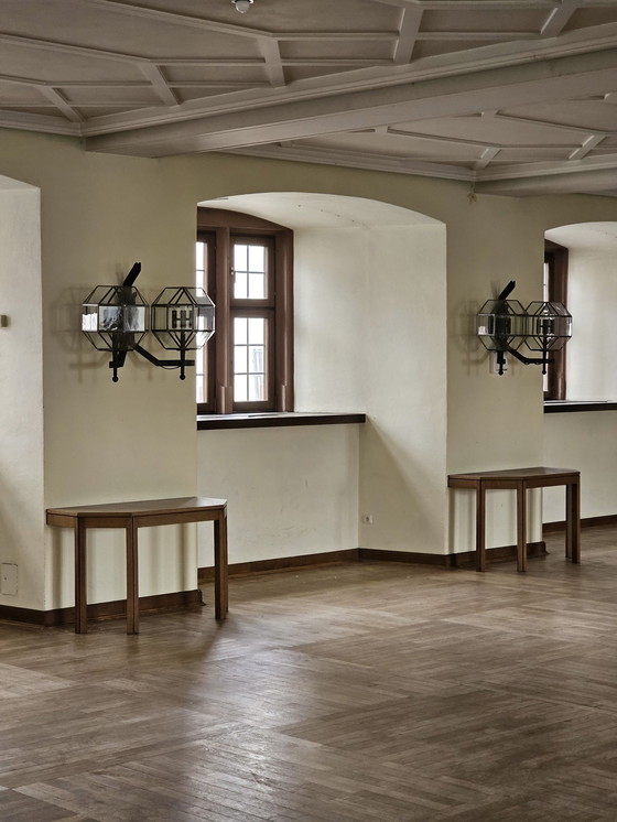 Image 1 of Doppelkugel-Schloss Schmiedeeisen-Lampen mit Bleiglas-Kugeln