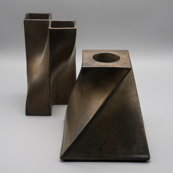 Image 1 of Jan van der Vaart Studio Keramik Kunsthandwerkliche Töpferei Vase 1979 & Kerzenständer 1978