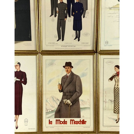 Image 1 of Satz von 6 Vintage-Illustrationen "La Moda Maschile" in vergoldetem Holz mit Glas, Italien 1930
