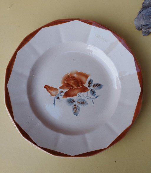 Digoin Sarreguemines-Tischkultur-Altes Geschirr-Formstück-Servierplatte-sehr großer Teller-Rose - D: 31 Cm