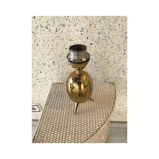 Image 1 of Skandinavische Vintage-Stativlampe aus Messing und weißem Stoff, 1960