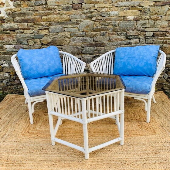 Image 1 of Weiße Rattan-Wohnzimmergarnitur im Vintage-Stil, 1970