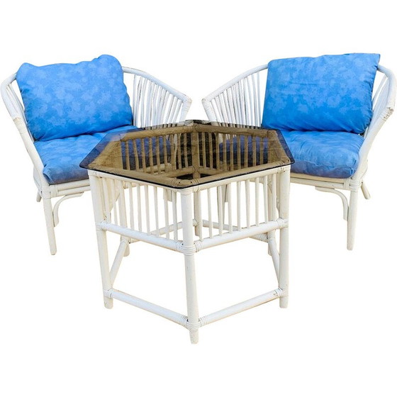 Image 1 of Weiße Rattan-Wohnzimmergarnitur im Vintage-Stil, 1970