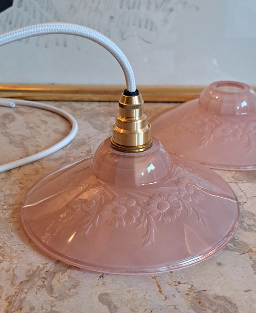 2 Art Deco Glas Pendelleuchten Rosa