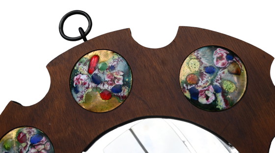 Image 1 of Vintage Sunburst konvexer Spiegel - Spiegel mit Emaille-Platten - Sunburst Spiegel