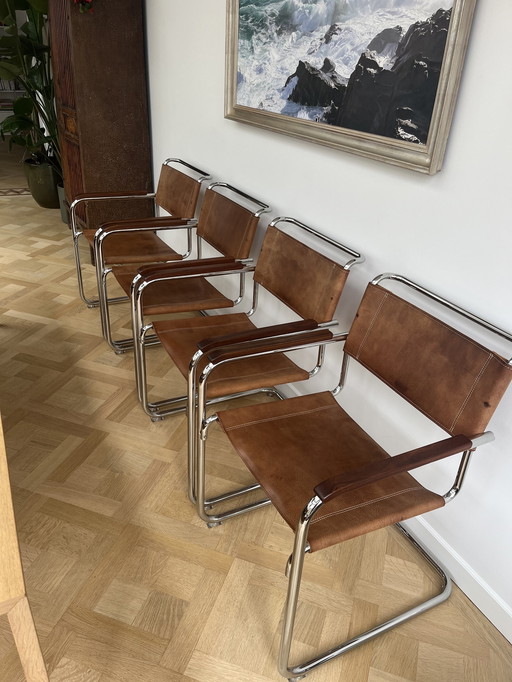 4x Thonet S34 Sessel von Mart Stam Chrom / Büffelleder / geöltes Walnussholz