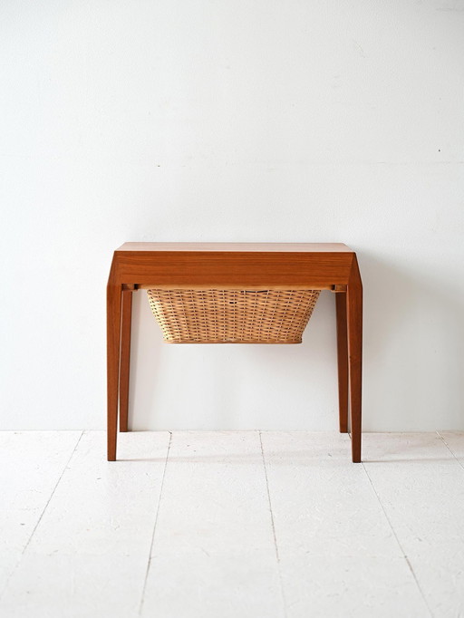 Severin Hansen Vintage Teakholz Nähtisch mit geflochtenem Rattan Regal, 1960er skandinavisches Design