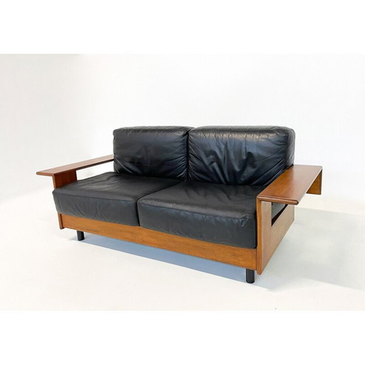 Italienisches Sofa aus der Mitte des Jahrhunderts, schwarzes Leder und Holz, 1960er Jahre
