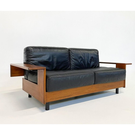Image 1 of Italienisches Sofa aus der Mitte des Jahrhunderts, schwarzes Leder und Holz, 1960er Jahre