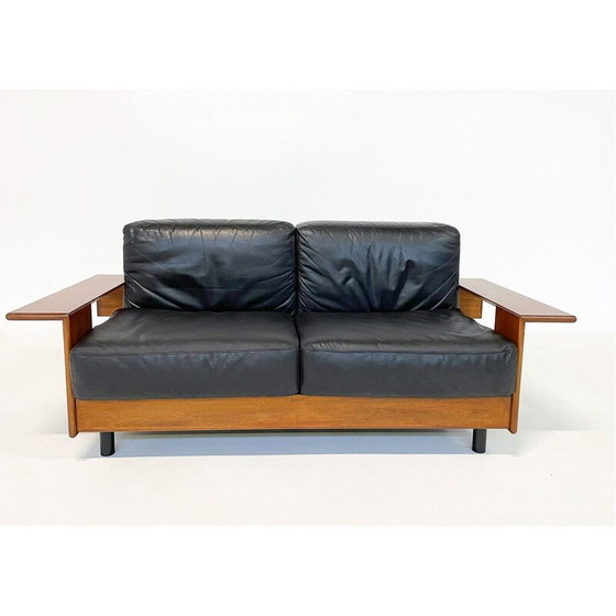 Image 1 of Italienisches Sofa aus der Mitte des Jahrhunderts, schwarzes Leder und Holz, 1960er Jahre