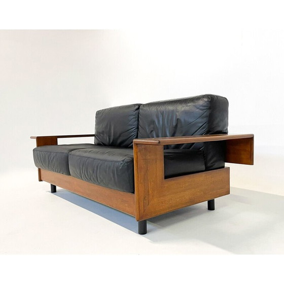 Image 1 of Italienisches Sofa aus der Mitte des Jahrhunderts, schwarzes Leder und Holz, 1960er Jahre