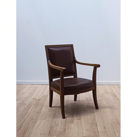 Image 1 of Vintage-Sessel aus geschnitztem Holz und braunem Leder