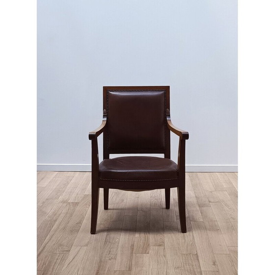 Image 1 of Vintage-Sessel aus geschnitztem Holz und braunem Leder