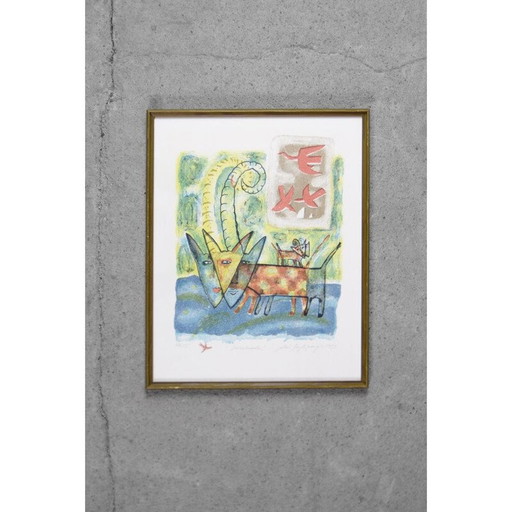 Vintage-Lithografie des Himmelhundes von Aino Myllykangas, 1993