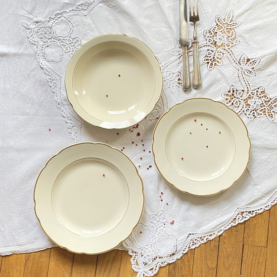 Image 1 of Lot Von 3 Servierplatten Digoin Sarreguemines Alte Steingut Beige Farbe Und Vergoldung