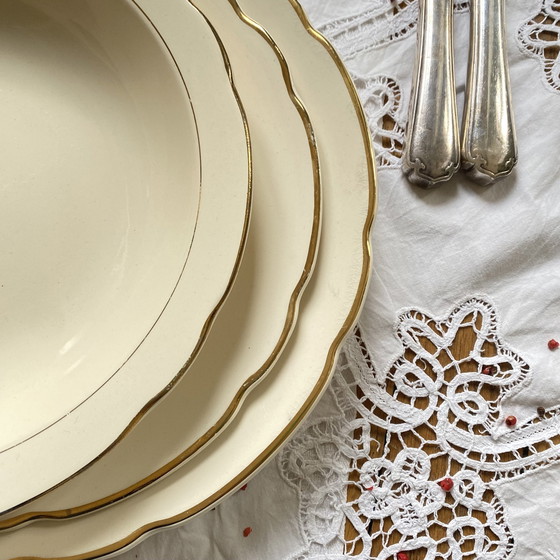 Image 1 of Lot Von 3 Servierplatten Digoin Sarreguemines Alte Steingut Beige Farbe Und Vergoldung