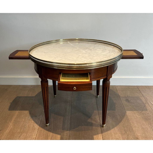 Runder Vintage-Couchtisch aus Mahagoni, Messing und weißer Carrara-Marmorplatte