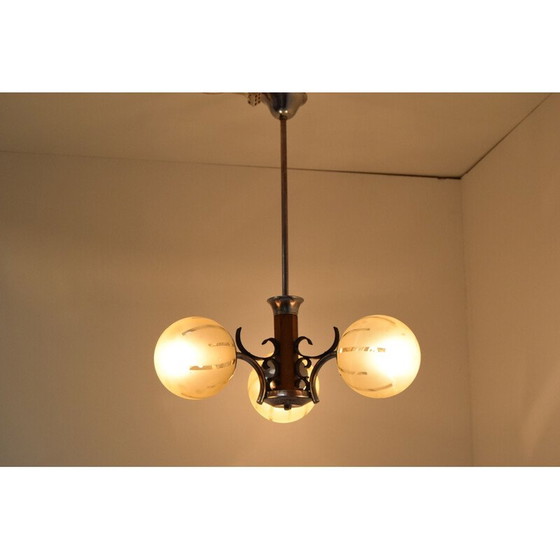 Image 1 of Vintage Art Deco Kronleuchter aus Glas und Holz, Tschechoslowakei 1930