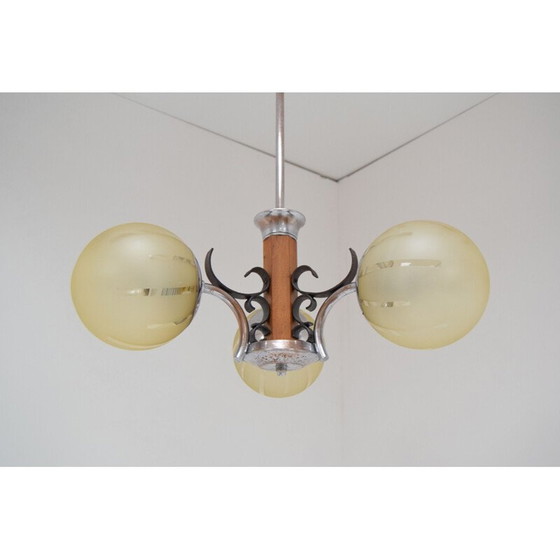 Image 1 of Vintage Art Deco Kronleuchter aus Glas und Holz, Tschechoslowakei 1930
