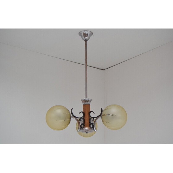 Image 1 of Vintage Art Deco Kronleuchter aus Glas und Holz, Tschechoslowakei 1930