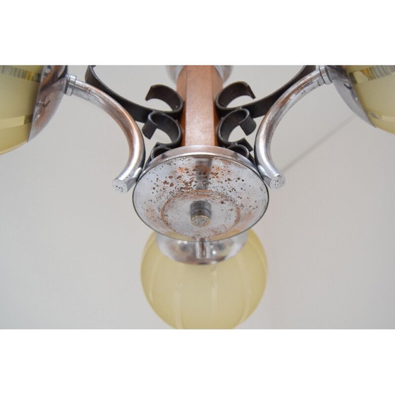 Image 1 of Vintage Art Deco Kronleuchter aus Glas und Holz, Tschechoslowakei 1930