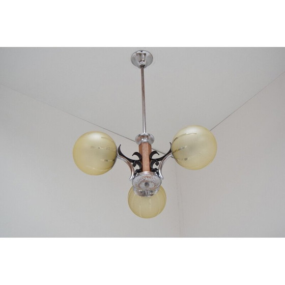 Image 1 of Vintage Art Deco Kronleuchter aus Glas und Holz, Tschechoslowakei 1930