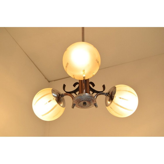Image 1 of Vintage Art Deco Kronleuchter aus Glas und Holz, Tschechoslowakei 1930