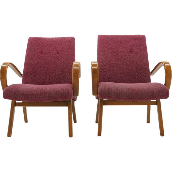 Image 1 of Paar Vintage-Sessel aus Holz und Stoff von Jindrich Halabala, Tschechoslowakei 1960