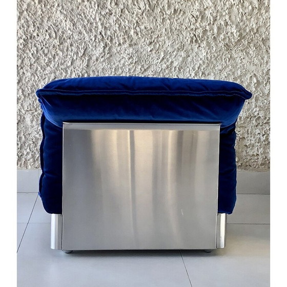 Image 1 of Vintage 3-Sitzer-Sofa aus Edelstahl und blauem Samt, Frankreich 1970