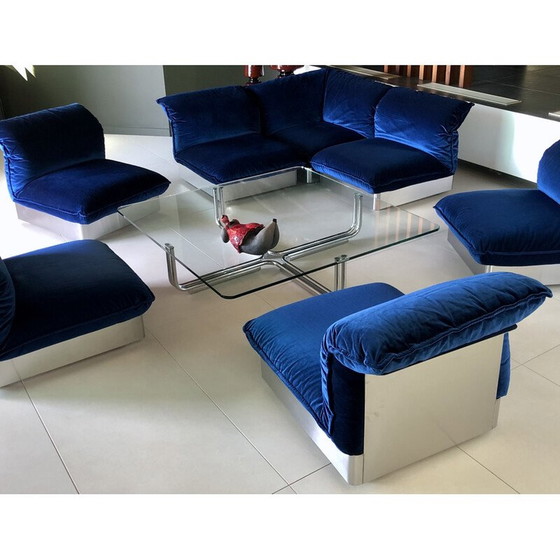 Image 1 of Vintage 3-Sitzer-Sofa aus Edelstahl und blauem Samt, Frankreich 1970