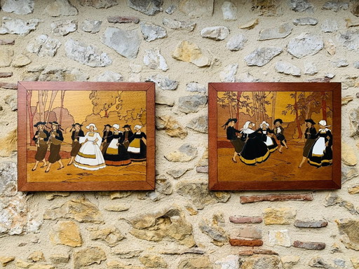 Holz geschnitzt Folk Art Panels, 1920'S, Satz von 2