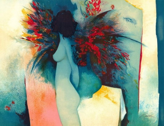 Image 1 of Originallithografie - Frau mit Blumenstrauß - Claude Gaveau - Künstlerischer Abzug - 1980