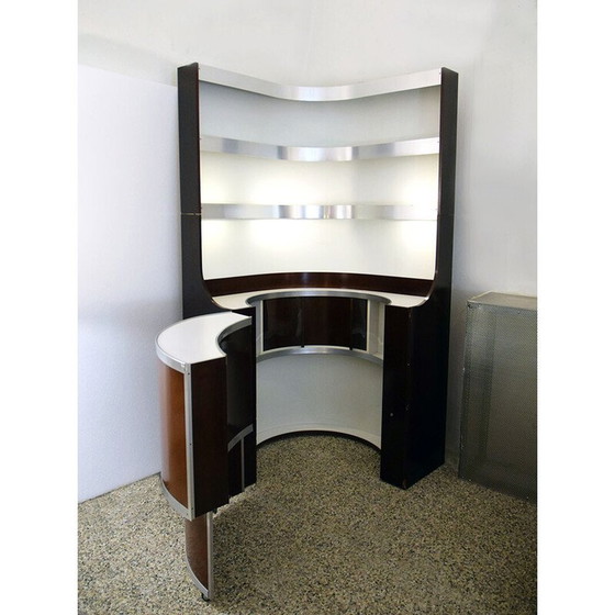 Image 1 of Vintage Space Age Eck-Barschrank aus gebogenem Holz, Italien 1970