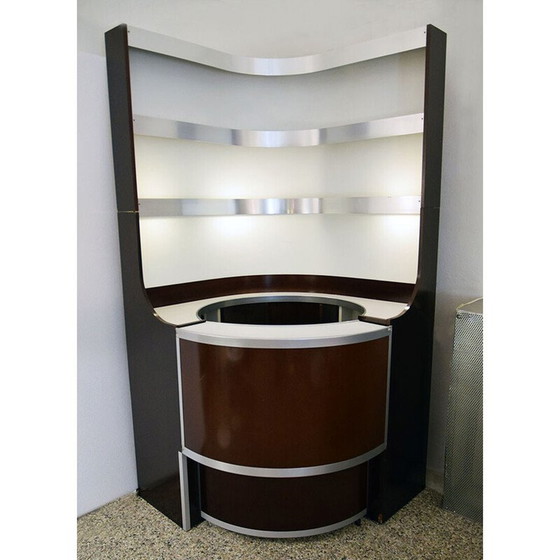 Image 1 of Vintage Space Age Eck-Barschrank aus gebogenem Holz, Italien 1970
