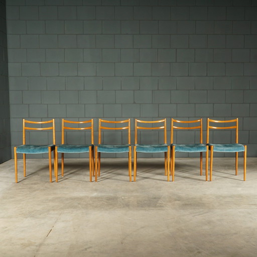 Satz von 6 Vintage Esszimmerstühlen - Teak - Samt - 1970er