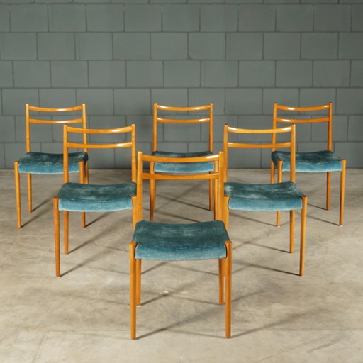 Satz von 6 Vintage Esszimmerstühlen - Teak - Samt - 1970er