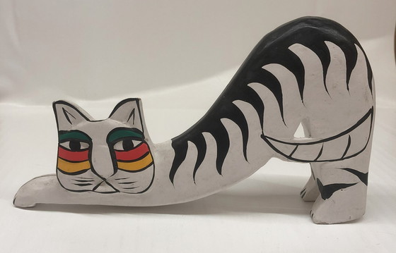 Image 1 of Laurel Burch Liegende Katze Aus Holz Handbemalt