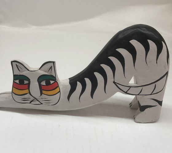 Image 1 of Laurel Burch Liegende Katze Aus Holz Handbemalt